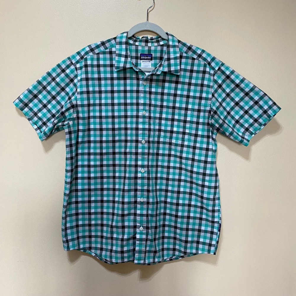 Men's Patagonia Organic Cotton Button Down Shirt Green Checkered Pattern Size L